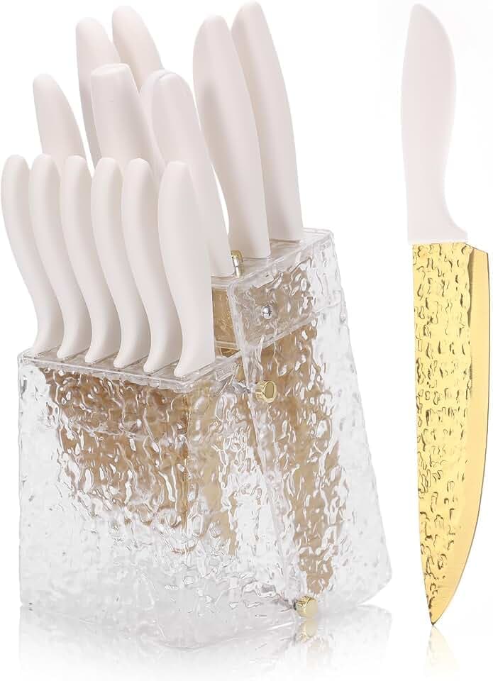 Kitchen Knife Set Non Stick Knives Set with Block Cutlery Knife Block Sets, Serrated Steak Knife, Scissors and Sharpener, 15Pcs Stainless Steel Chef Sharp Quality with Gold Blade for Home & Pro Use