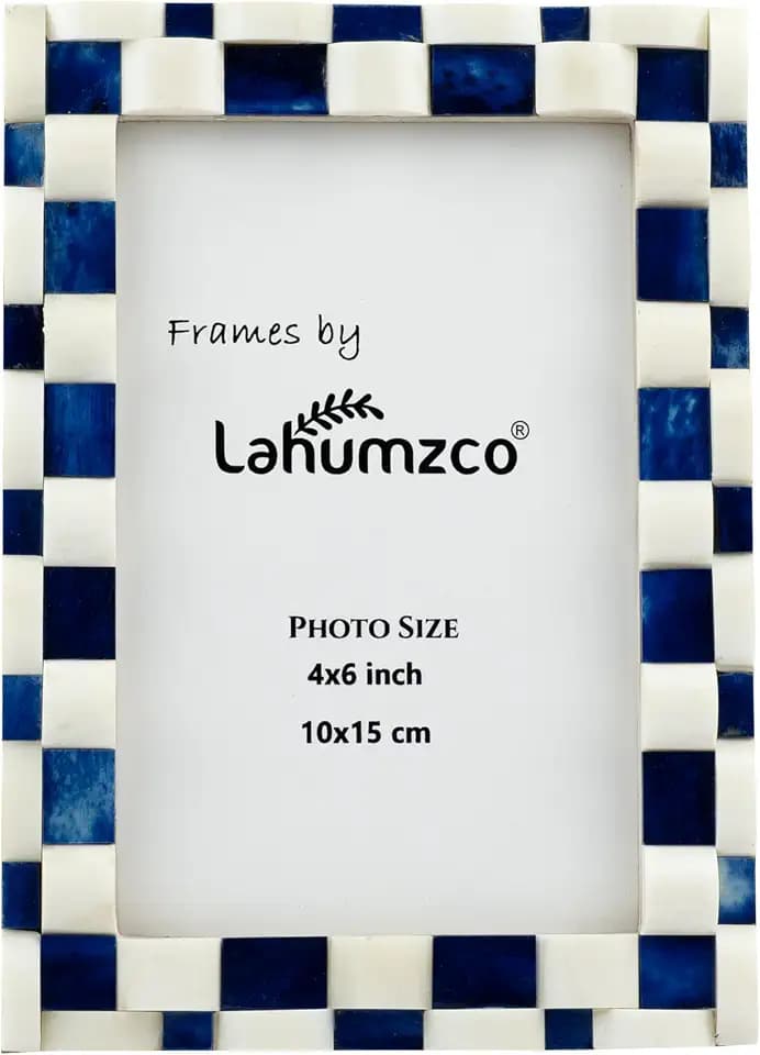 4x6 Blue and White Bone Inlay Picture Frame – Handmade Curved Checkerboard Pattern Photo Frame – Decorative Frame for Home, Desk, Shelf, Wall Display