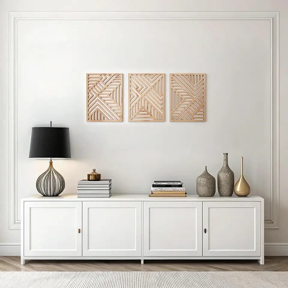 qmmp Modern Wooden Wall Sculptures - Set of 3 - Home Decor Accent - Large Wall Art for Living Room, Bedroom, Office - Easy Installation (Oak, Medium - Direction)