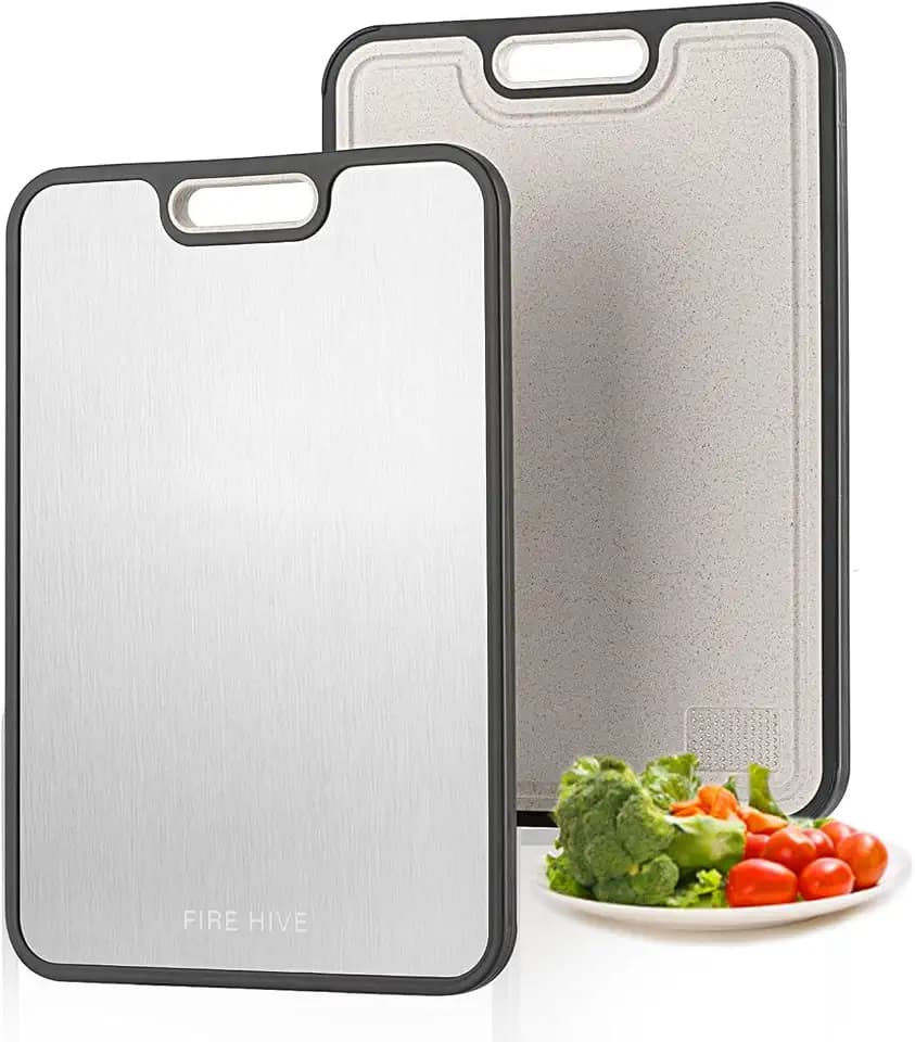 FIRE HIVE Upgraded Universal High Hardness Stainless Steel & Platycodon PP Material Double-Sided Cutting Board, Suitable for Non-toxic Cutting Boards with Juice Troughs for Home and Kitchen Use