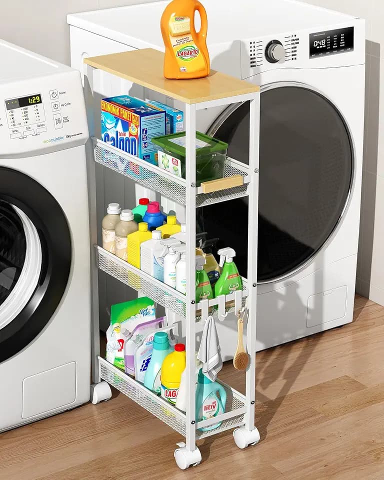 4-Tier Slim Utility Rolling Laundry Cart with Wheels, White