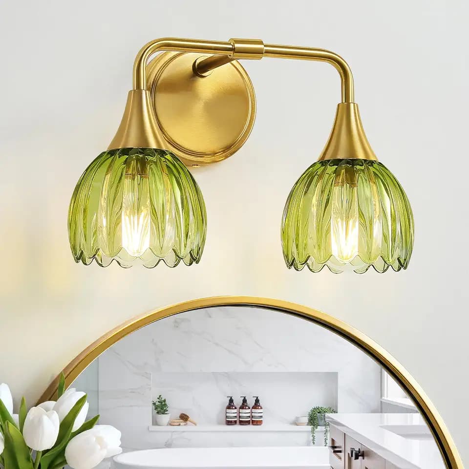 Bathroom Vanity Light Fixtures: 2-Lights Vintage Bathroom Lights Over Mirror with Ribbed Green Tulip Glass Shade - 14 inch Brushed Gold Wall Sconce Bath Lighting