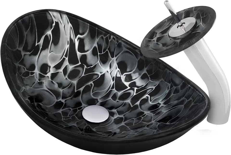 Novatto TARTARUGA Oval Glass Vessel Bathroom Sink, Chrome Faucet and Pop-up Drain, NSFC-0128031001CH