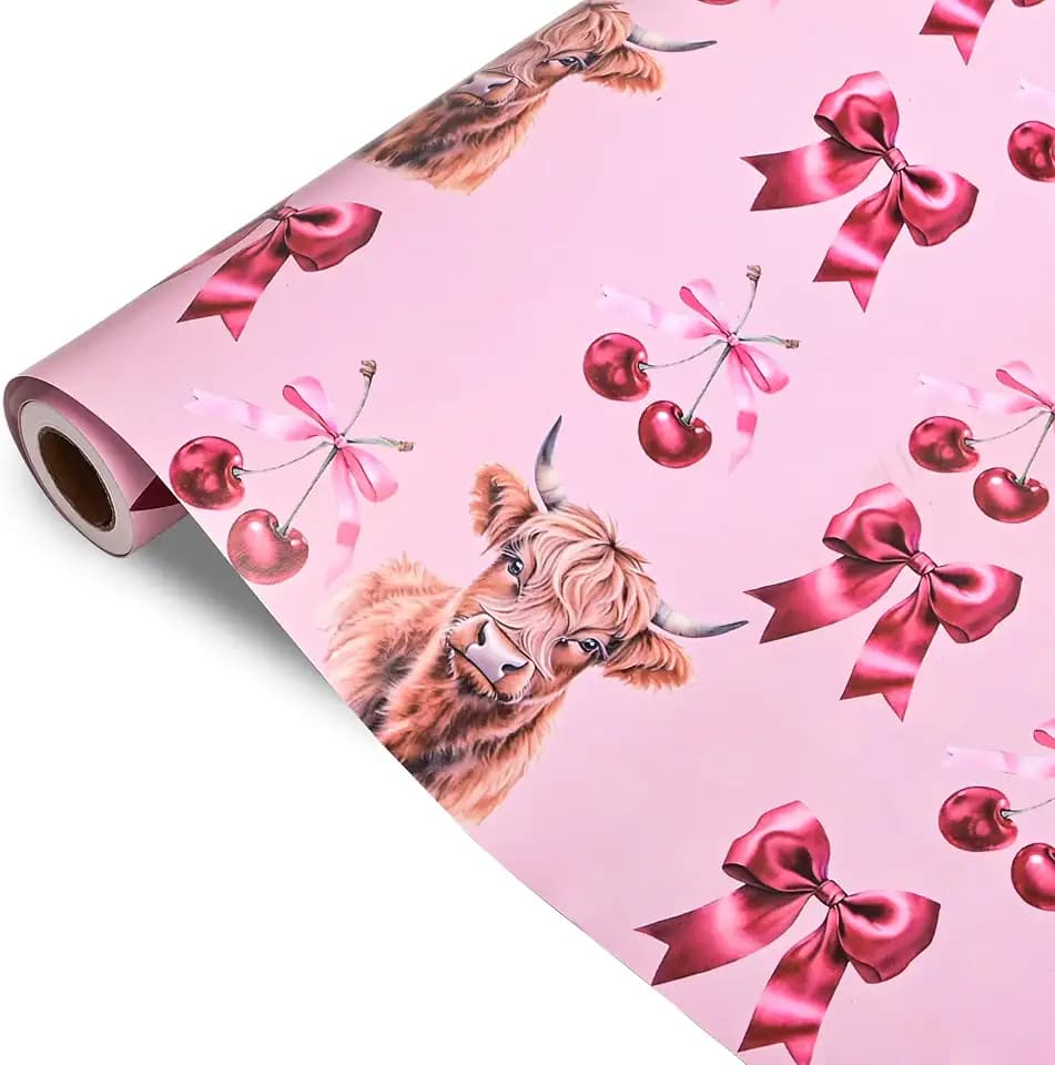 Dtiafu Reversible Pink Bow Wrapping Paper for Girls Women - Highland Cow, Cherry & Pink Polka Dot Gift Wrap for Birthday Wedding Baby Shower Holiday Party - 17 Inch x 20 feet(Total 28.5sq.ft)