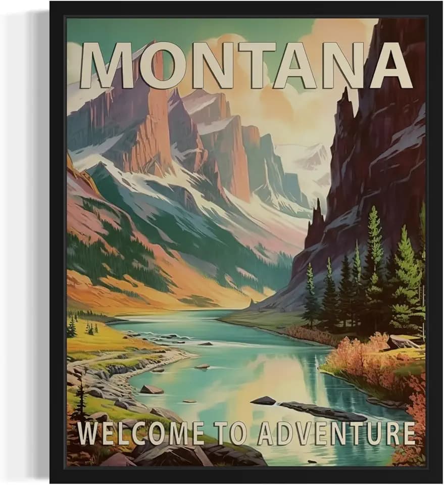 Montana State Scenery Unframed Poster Art Print, Retro States Landscape Wall art Decor, Adventure Mountain and Scenery Painting for Bedroom, Living Room 42 (Montana, 20"L x 16"W, Unframed)