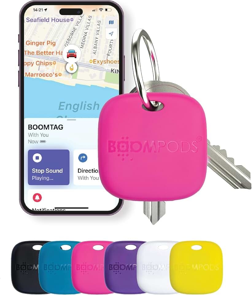 Boompods Boomtag Wiederaufladbarer Schlüsselfinder - Ozeanplastik Bluetooth Tracker kompatibel mit Apple Wo ist? App, Wasserdichter Key Finder, Mini Ortungsgerät für Schlüssel, Taschen, Rosa