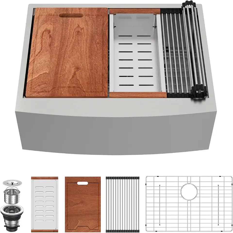 Lordear Farmhouse Sink 27 Inch Stainless Steel Farmhouse Kitchen Snk Apron Front Ledge Workstation 16 Gauge Stainless Steel Deep Single Bowl Kitchen Sinks
