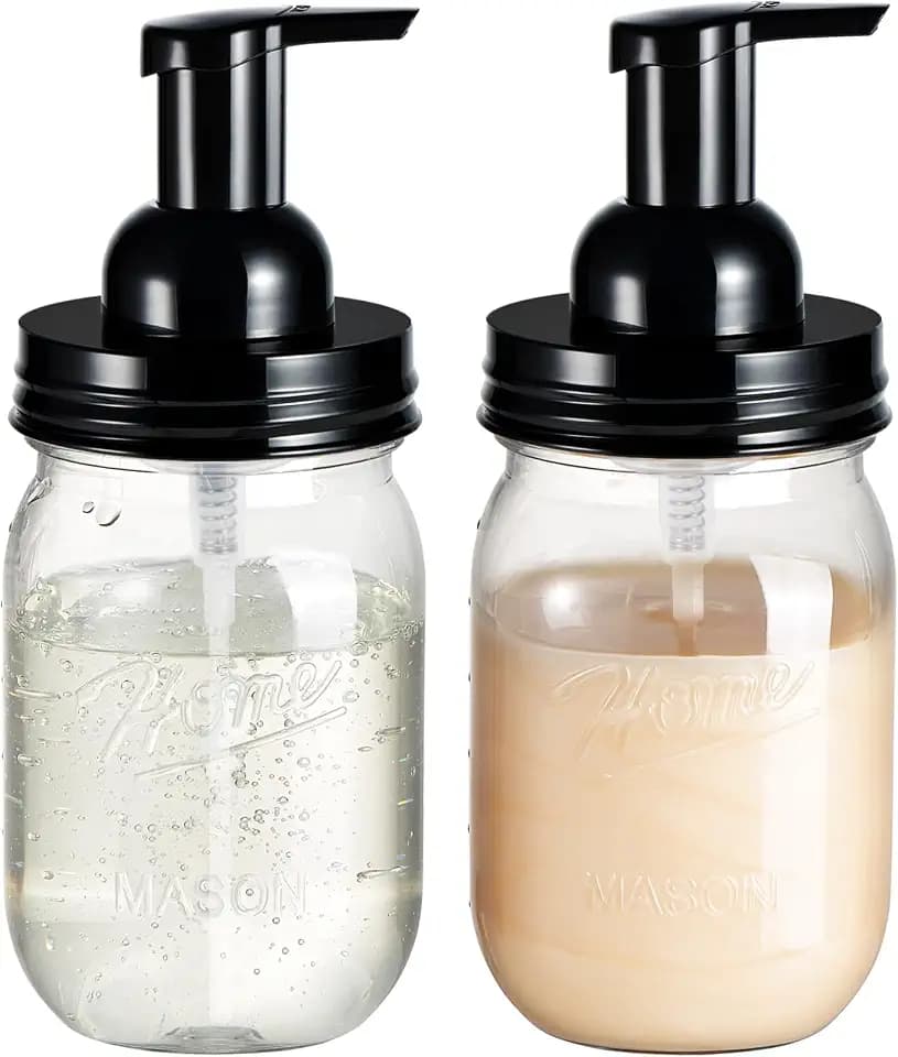 Amolliar Plastic Mason Jar Foaming Soap Dispenser with Pump Lid,16OZ Refillable Hand Soap Dispenser Set with Cute Lables - Farmhouse Decor for Kitchen/Bathroom, Lotion Liquid Dish Soap (2 Pack, Black)