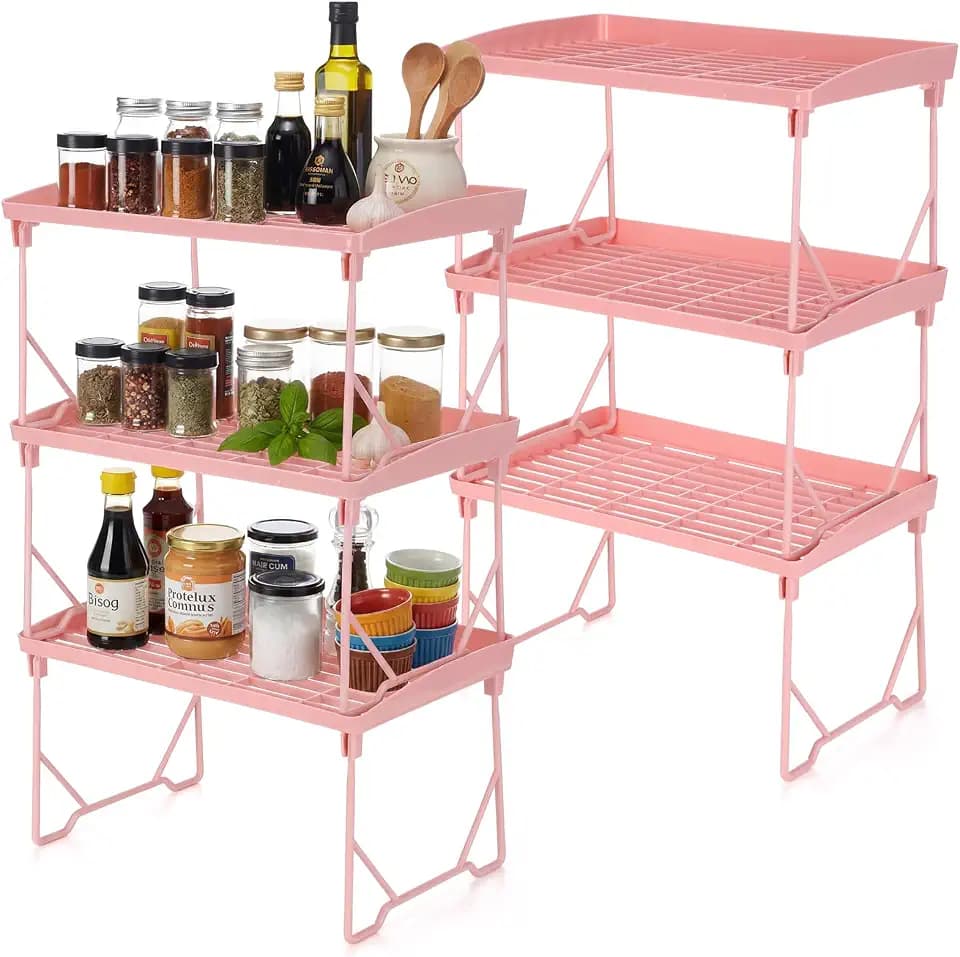 6 Pack Pink Stackable Plastic Kitchen Storage Shelf Foldable Racks, Pantry Shelf Cabinet Organizers, Expandable Storage Rack for Cabinet Fridge Bathroom (Plastic)
