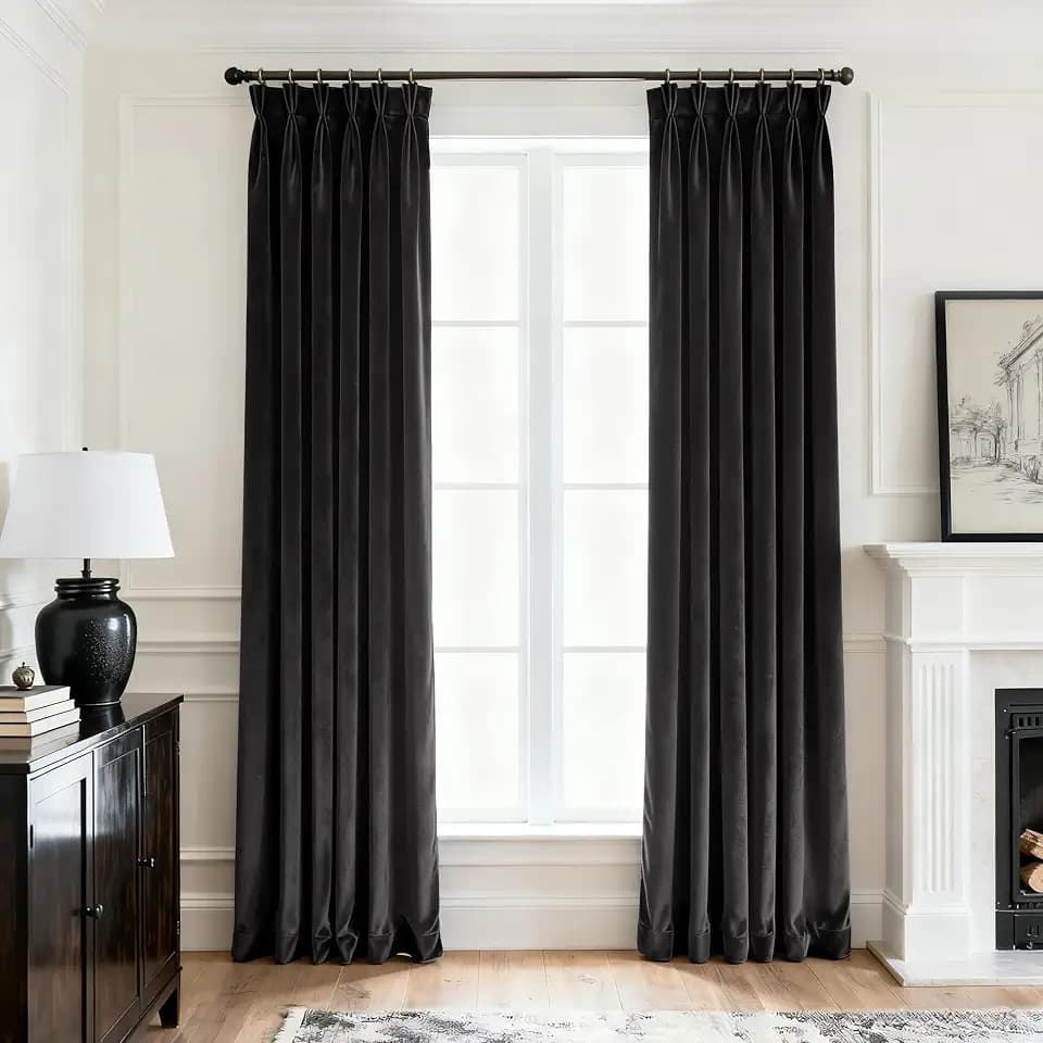Pinch Pleated Black Blackout Velvet Curtains 84 inch Length 2 Panel Living Room Soft Modern Elegant Plush Velvet Luxury Fabric Room Darkening Window Drapes Thermal Insulated Black Out Bedroom Curtain