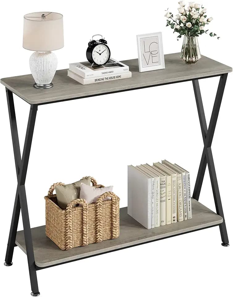 IDEALHOUSE Narrow Console Table, Sofa Tables Narrow Long Behind Couch Table, 2-Tier Industrial Entryway Table for Living Room, Hallway, Foyer (Grey)