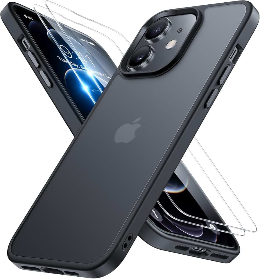 Miracase für iPhone 12/12 Pro Hülle mit 2 9H+ Panzerglas, Schwarz-w
