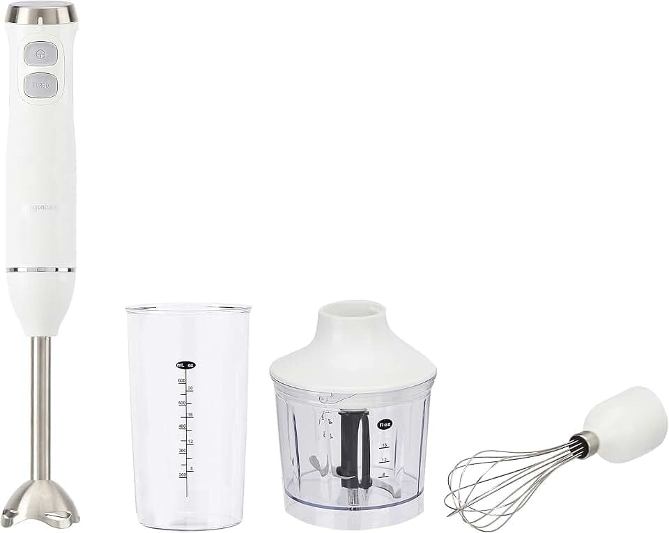 Amazon Basics 300W 4-In-1 Immersion Hand Blender for Soup, Handheld with Blending Stick, Whisk, Chopper and Beaker, Variable Speed Control and Turbo Mode, Powerful Motor, 5-ft Power Cord, White