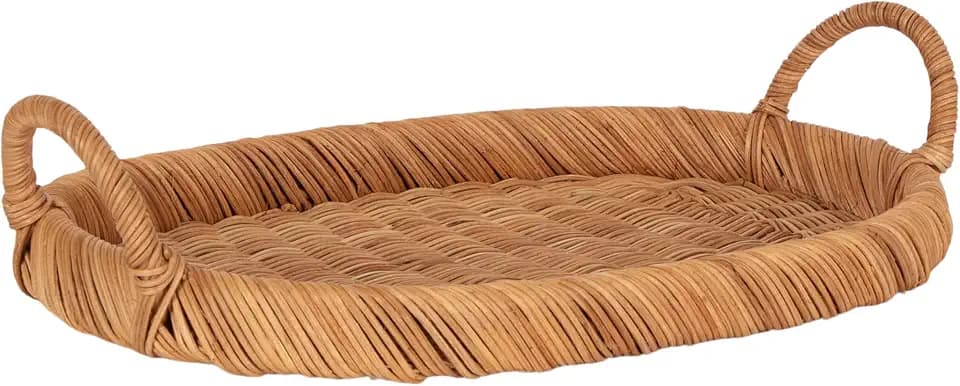 Kate and Laurel Cormont Boho Oval Woven Rattan Tray with Handles