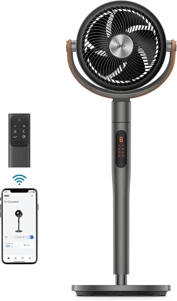 DREO Smart Fan for Bedroom with RGB Light, 150°+120° Omni-directional Oscillating, Quiet Fan, 100ft Air Circulator Pedestal Fan, 12 Speeds, 6 Modes, 37-42'' Height, Wi-Fi/Voice/Alexa, dark grey