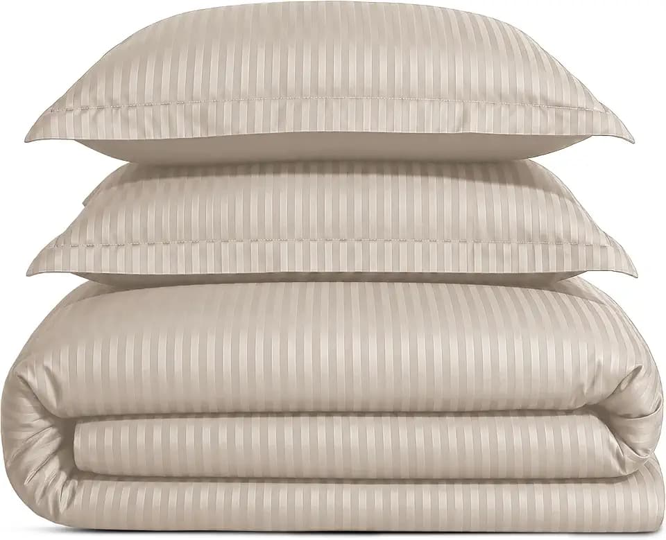 Feather & Stitch King Size Duvet Cover Set, 500 Thread Count Damask Stripe 3 Piece Duvet Insert Cover Set, 100% Cotton Comforter Cover, 2 Pillow Shams, Zipper Closure - Beige Stripe