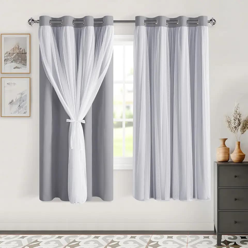 DWCN Grey Blackout Curtains with Sheer Overlay with Tiebacks 63 Inch Long