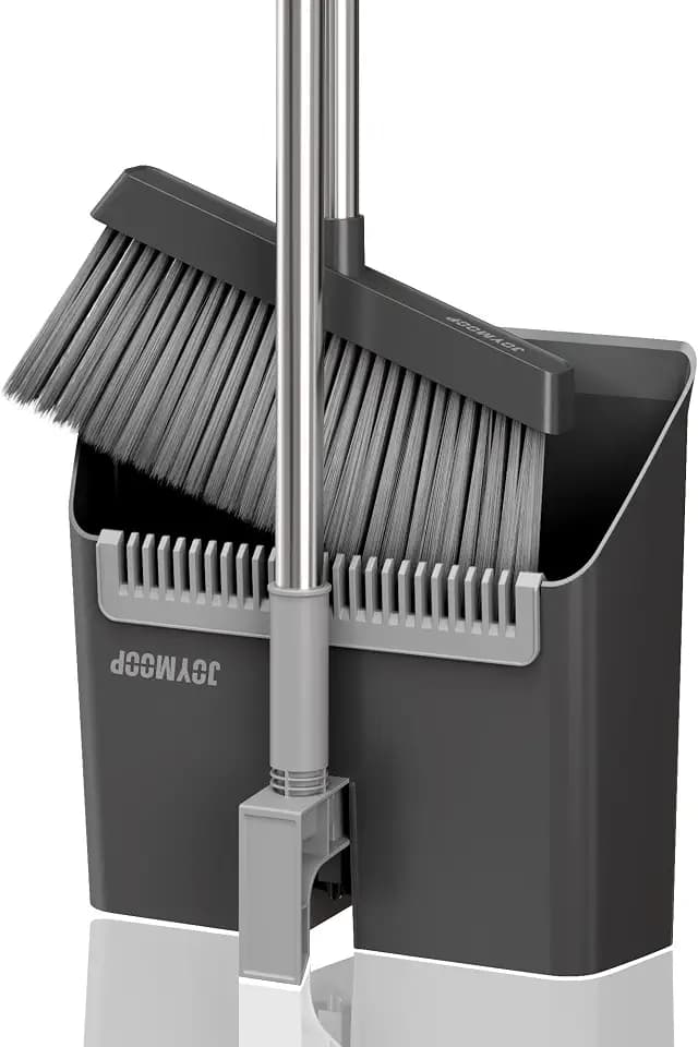 JOYMOOP Black Broom and Dustpan Set, Upright Angle Design with Built-in Comb Teeth for Home, Office, Hardwood Floors, Pet Hair
