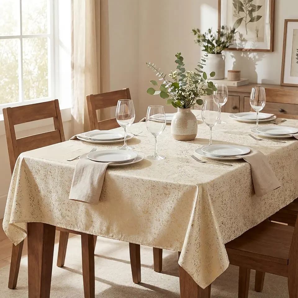 Horaldaily Beige Tablecloth with Golden Sequin 60x84 Inch Rectangular