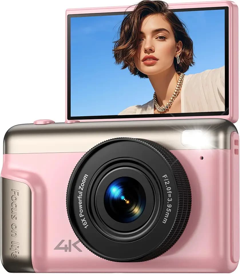 Digitalkamera 4K Fotokamera 64MP Kamera: Vlogging Fotoapparat für Videos mit 3" Klapp-Bildschirm Tragbare Batterie Kompaktkamera mit 16X Digitalzoom für Kinder Anfänger Studenten Rosa(Keine SD-Karte)