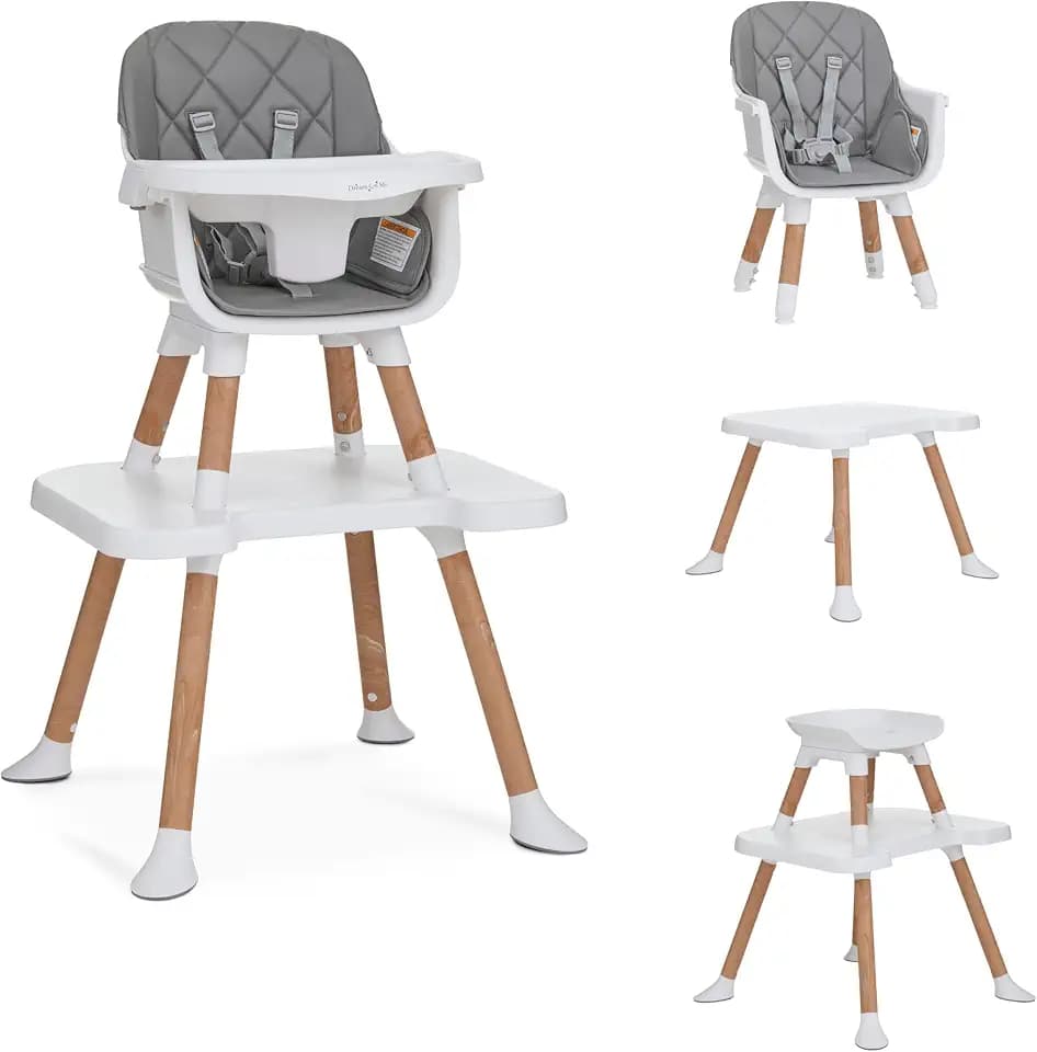 Dream On Me Luna 4-in-1 Convertible High Chair – Transforms into a Booster & Toddler Seat, Then into a Toddler Chair & Table, 5-Point Safety Harness, Adjustable Tray, Anti-Skid Padded Feet – Cool Gray