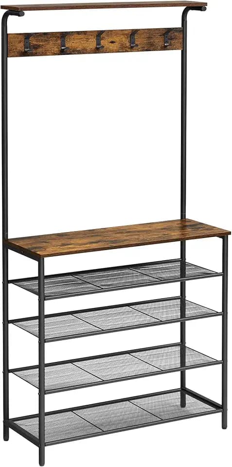 VASAGLE Hall Tree with Shoe Bench, 5-Tier Shoe Rack, 5 Dual Hooks
