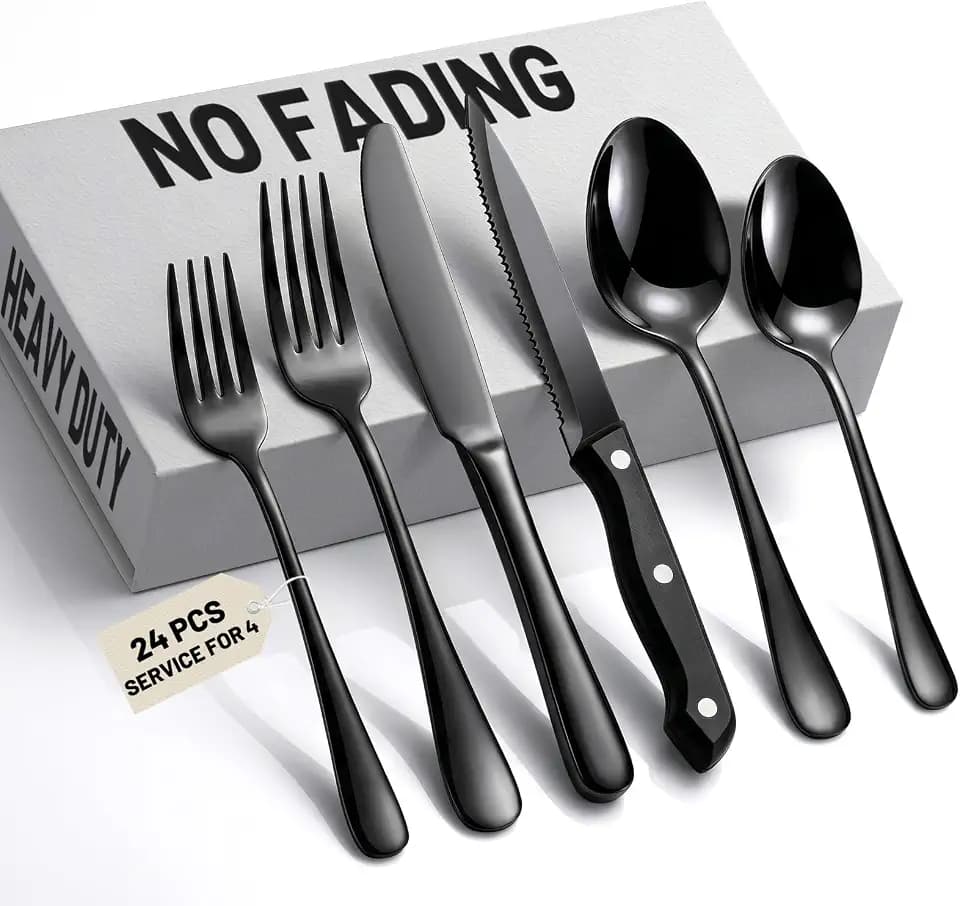 24 PCS NO-FADING Black Silverware Set with Steak Knives, Flatware for 4