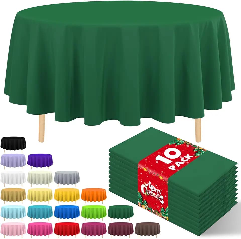10 Pack Green Round Tablecloth 84 Inch Round Plastic Table Cloth Disposable Waterproof Table Cover for Wedding Birthday Bridal Shower Party Decorations