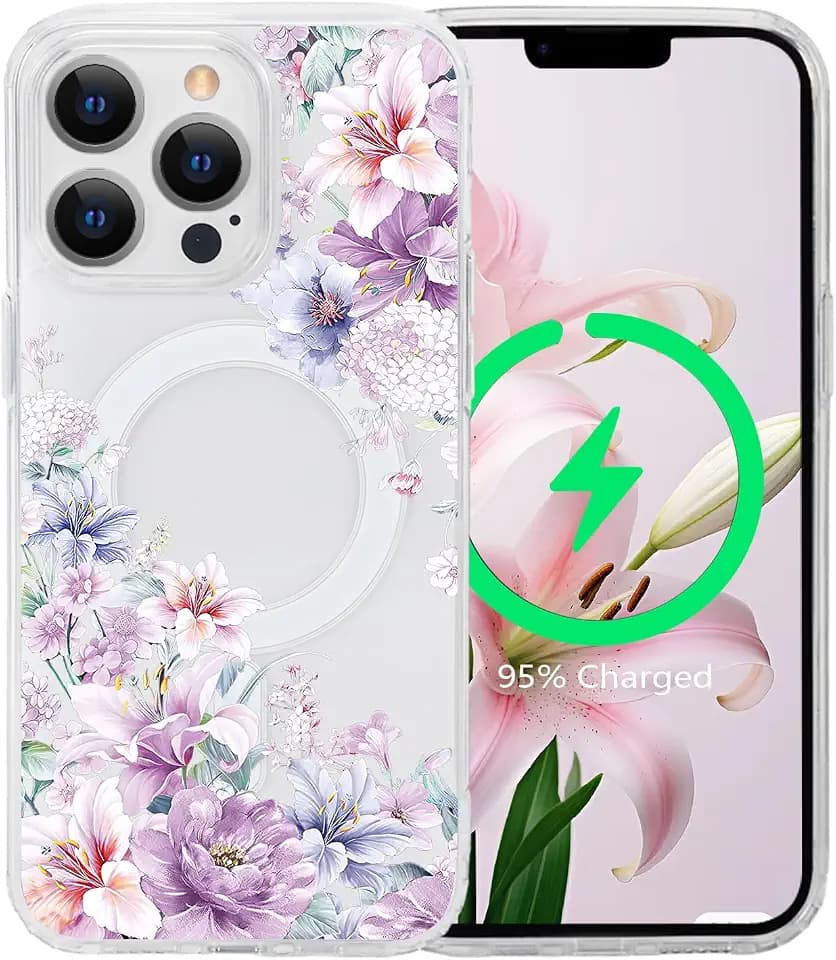 for iPhone 13 Pro Flower Magnetic Case Compatible with MagSafe Floral Pattern Clear Shockproof PC Back Soft TPU Edge Slim Cover for Girls Women iPhone 13 Pro 6.1 inch, Hydrangea