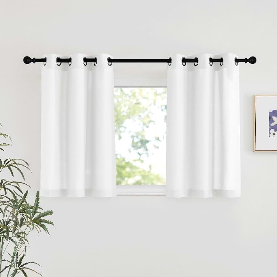 NICETOWN White Linen Kitchen Window Curtains Over Sink, Grommet Thick Linen White Short Window Treatments Privacy Assured with Light Filtering for Bedroom/Bathroom, W34 x L36, 2 Panels