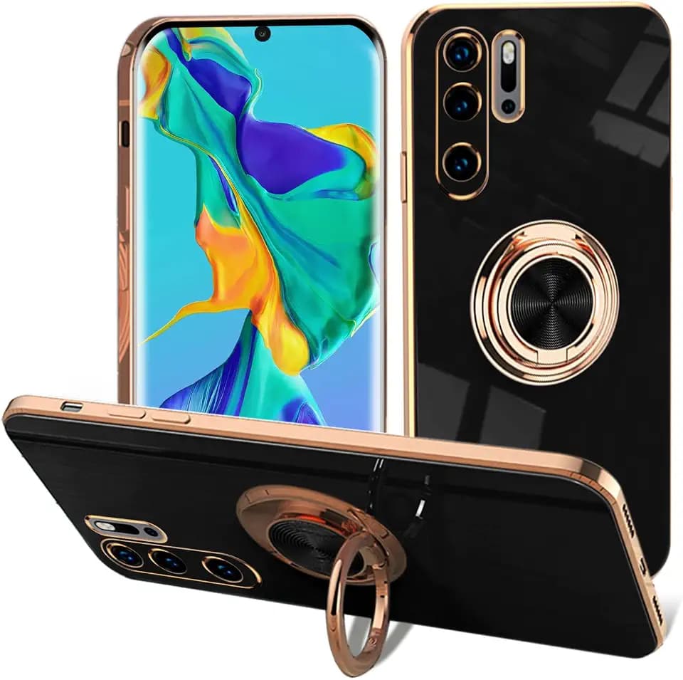 EYZUTAK Hülle für Huawei P30 Pro Case, Glänzend Weiche Silikon TPU Slim Case mit 360 Grad Ring Ständer Bumper Stoßfest Schutzhülle Fingerhalter Magnetische Autohalterung Cover-Schwarz