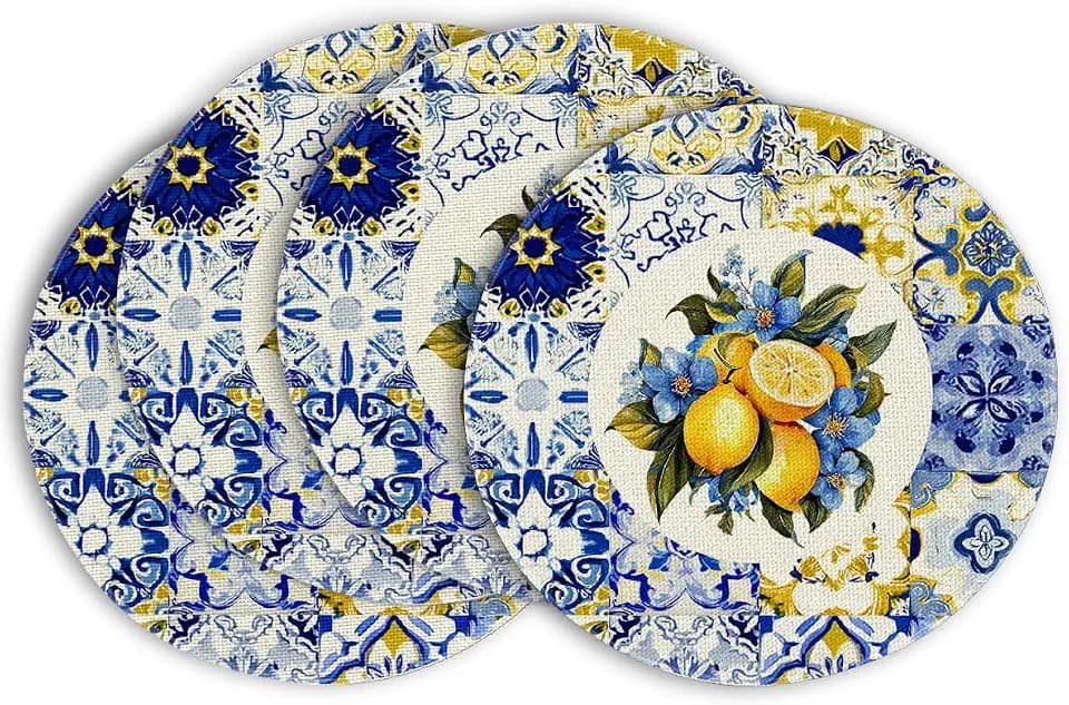 Artoid Mode Lemon Blue and White Porcelain Summer Round Placemats Set of 4, 14 Inch Seasonal Holiday Table Mats for Party Kitchen Dining Decoration