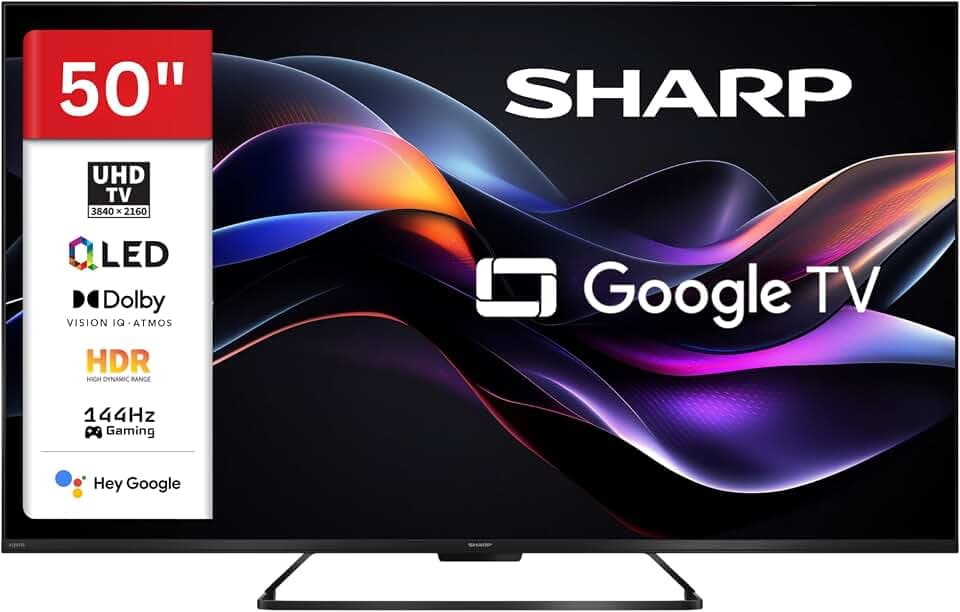 SHARP 50HR7765E QLED Fernseher 50 Zoll Google TV 4K UHD Smart TV 144Hz HDR | Dolby Vision IQ | HDMI 2.1 ALLM & VRR Gaming | Dolby Atmos | Google Assistant | Triple-Tuner DVB-C/-S2/-T2 | Modelljahr 2026