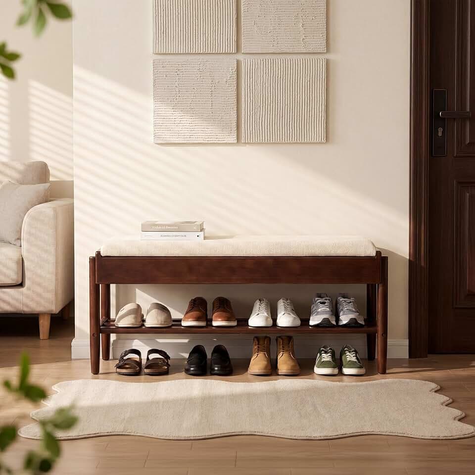 YEPDIN 39.3" Solid Wood Shoe Rack Bench with Flip-Top Storage,2 Tier Shoe Rack Bench with Chenille Cushion,for Entryway, Hallway,Living Room, Bedroom, Closet