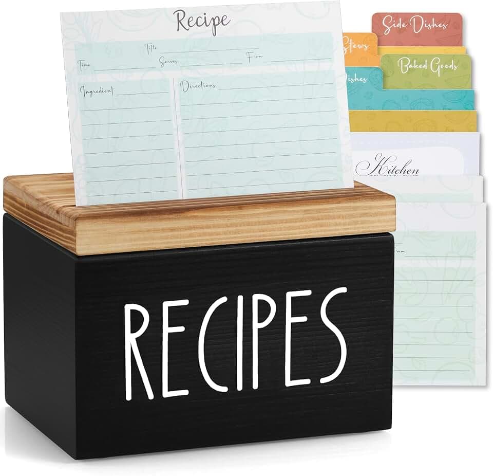 Recipe Box, Wood Recipe Card Box Set, Recipe Box with 100 Cards and 6 Dividers,4x6 Recipe Organizer, Recipe Card Holder, Black