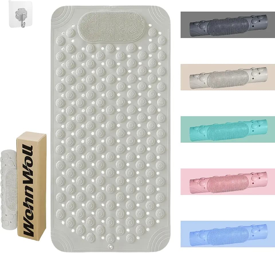 Bathtub and Shower Mats with Massage Brush, Non Slip Soft Bath Tub Mat with Suction Cups and Drain Holes for Bathroom Floor for Wet Areas, Quick Drying, 32x20 Inch, Khaki