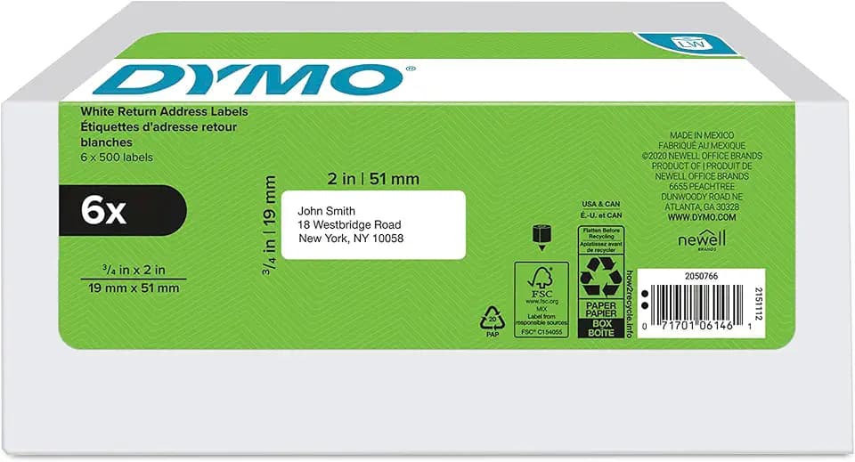 DYMO Authentic LW Return Address Labels for LabelWriter Label Printers, White, 3/4" x 2", 6 Rolls of 500 (3000 Total)