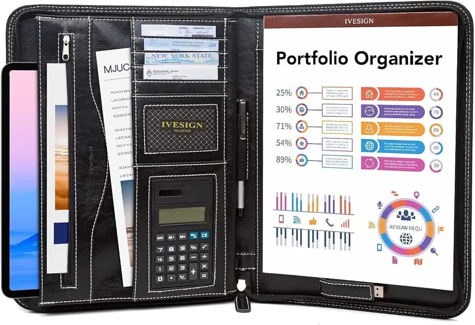 Faux Leather Portfolio Padfolio Organizer with Calculator, Writing Pad, Zipper Closure, Tablet Sleeve, Clipboard with Storage, Document Organizer, Business Card Holder, Note Pads-Black