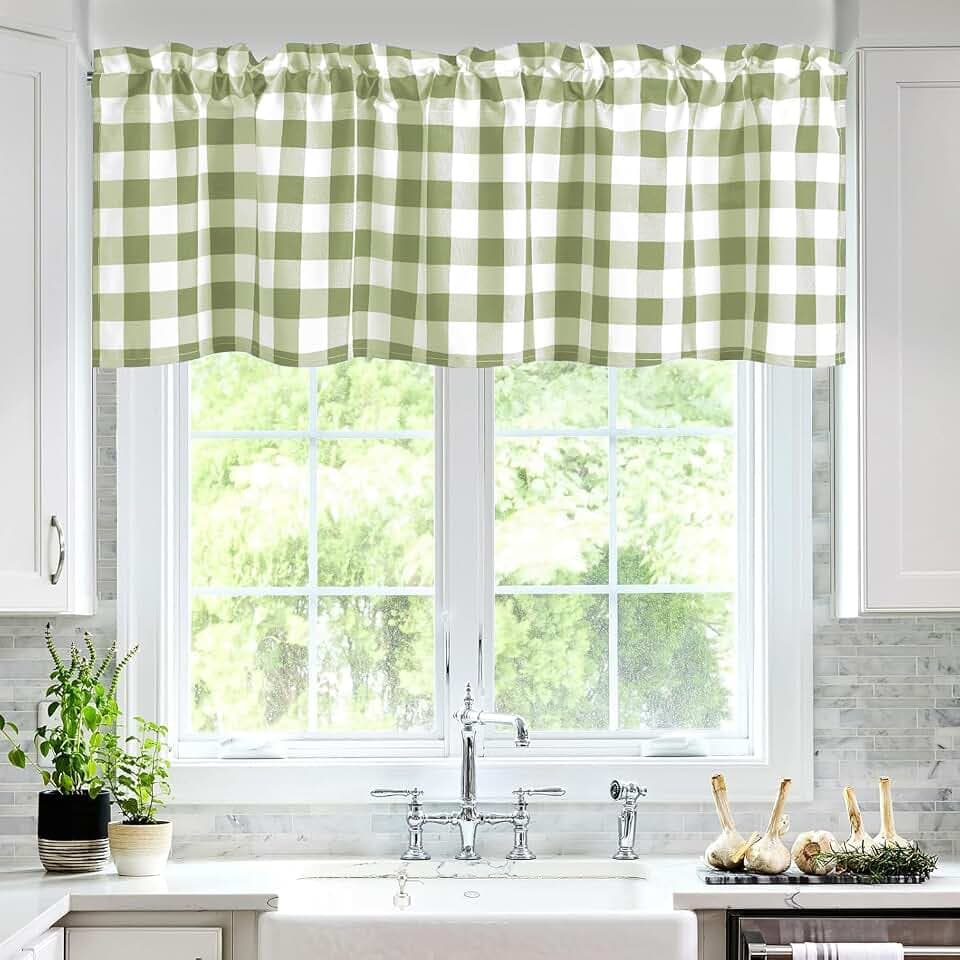 Hiasan Plaid Curtains Valances, Sage Green and White, 52W x 18L, 1 Panel