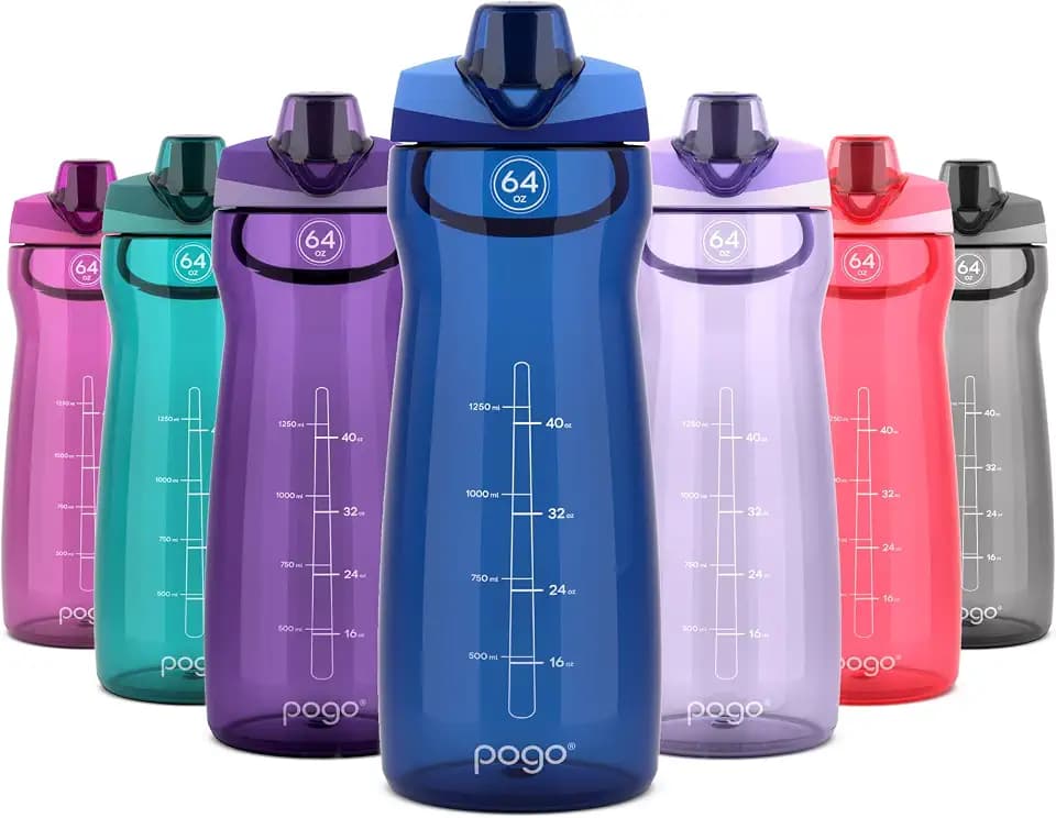 Pogo 64oz Plastic Water Bottle with Chug Lid and Carry Loop, Blue