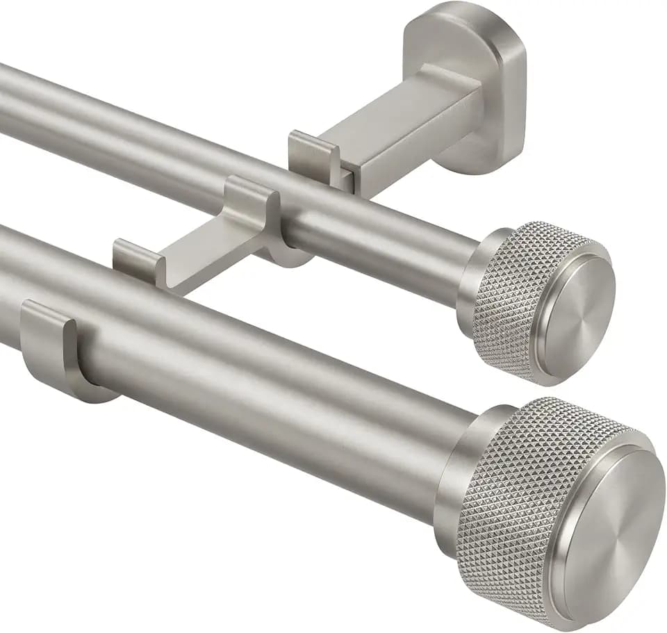 1-1/8 inch Double Curtain Rod - Premium Nonadjustable 120in/10ft Drapery Rods - Heavy Duty Dual Curtain Rods for Windows - Aluminum Finials & Adjustable Concealed Mounting Bracket - Brushed Nickel
