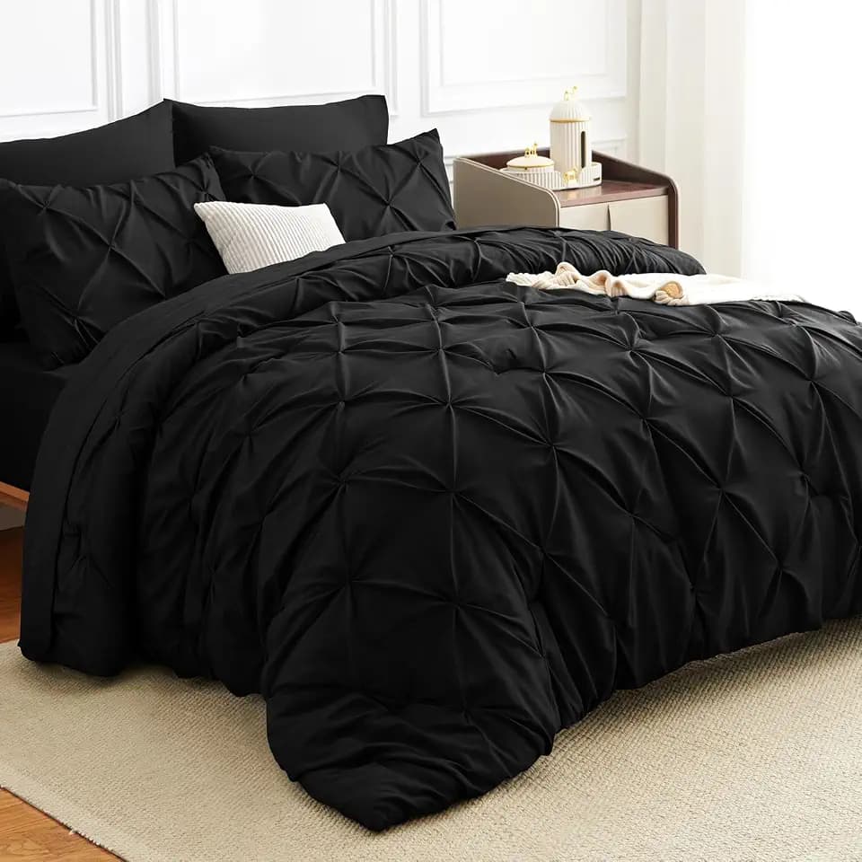 HIMEET Oversized Queen Comforter Set Black - 7 Pieces Pintuck Bed in a Bag
