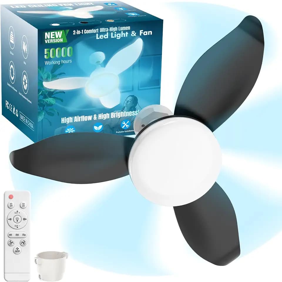 25" Socket Fan Light with Remote, E26/E27 Flower Shape Light Bulb Fan with Reversible Motor, 3000 Lumens Small Ceiling Fans with Lights, Dimmable 3000K-6500K for Bedroom Kitchen Hallway Garage