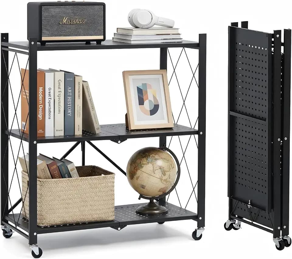 3 Tier Foldable Storage Shelves with Wheels, Metal Collapsible Organization Storage Rack, No Assembly Folding Bookshelf, Rolling Storage Rack for Kitchen, Bedroom, Pantry, Garage, Display, Black