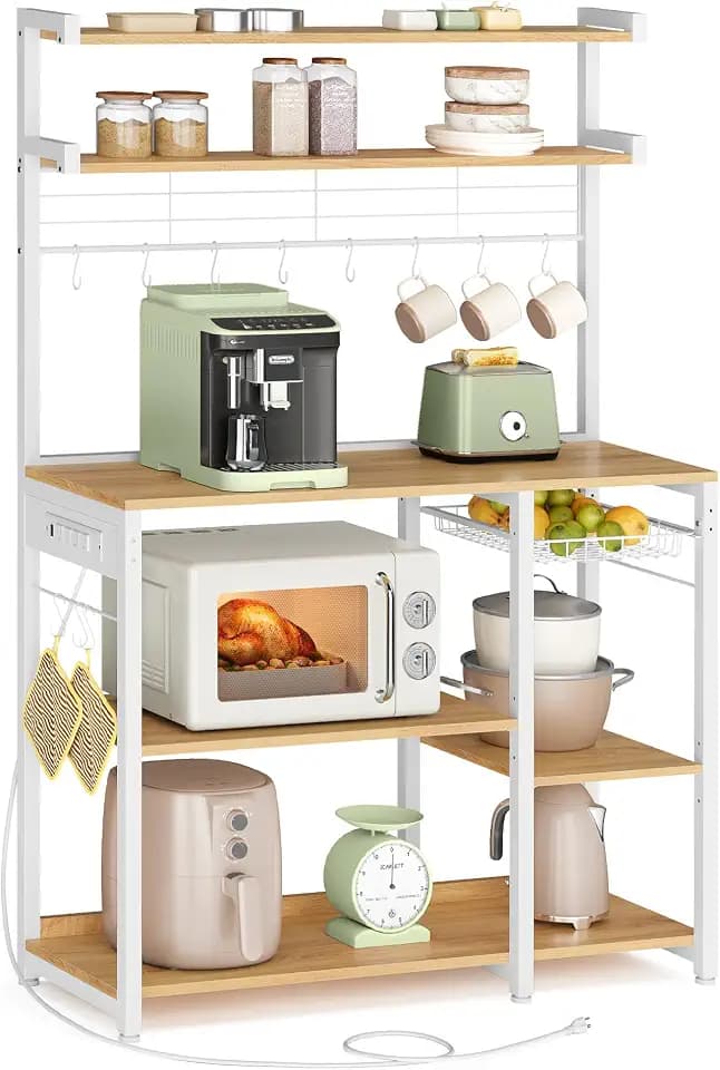VASAGLE Baker's Rack, 35.4 Inches Microwave Stand with Wire Basket, 8 Hooks
