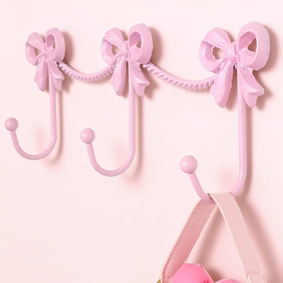 Pink Bow Hooks for Girls: Cute Triple Hanger Wall Mount for Girl's Bedroom Bathroom for Hanging Towel Bag Robe - Metal Bows 3 Hooks for Coquette Room Decor for Girly Daughter Baby Girl