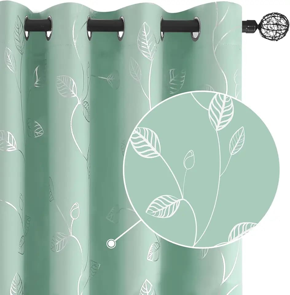 BUHUA Wave Silver Leaf Print Blackout Curtains for Living Room Darkening Curtains Light Blocking Curtains for Bedroom 52W×84L Aqua 2 Panels