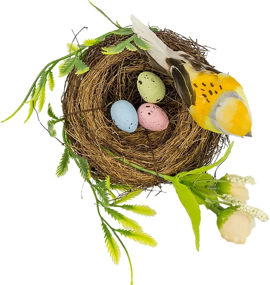 Easter Artificial Nest Natural Bird Nest Kit Includes Artificial Twig Nest, Fake Foam Feather Birds, Foam Eggs Ornaments for Crafts Home Party Decor