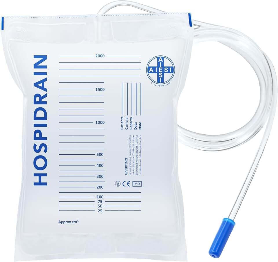 AIESI® Urinbeutel 2000 ml 90 cm schlauch ohne Ablaufventil HOSPIDRAIN (Packung mit 250 stück)