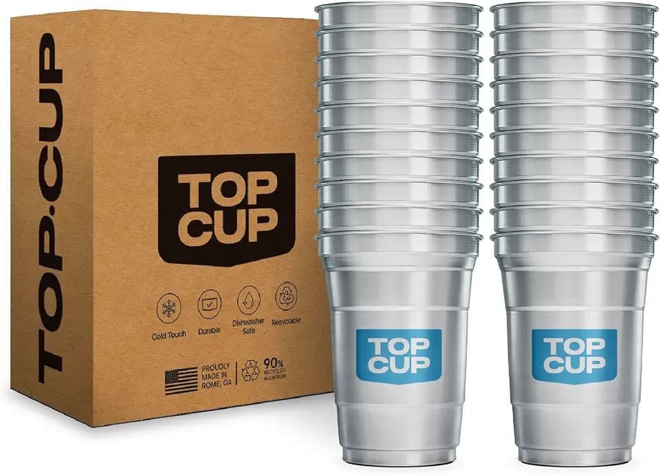 Top Cup Aluminum Party Cups, Blue Logo, 16oz, 20 Count